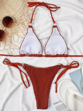 Back flat lay of caramel textured halter neck tie side bikini set showing adjustable top straps and side-tie bottoms