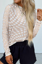 Front view of ChicGrid women’s checkered mock neck long sleeve blouse in beige, featuring a flattering silhouette and modern checkered pattern.