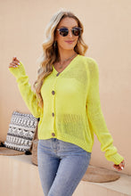 Close-up of the Solavelle™ V-Neck Cardigan in banana yellow, showing fine knit fabric, polished button design, and smooth seam finish.