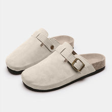 beige suede closed toe buckle slide paired top lay