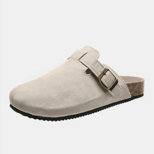 beige suede closed toe buckle slide top lay one shoe