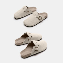 beige suede closed toe buckle slide two pair front lay cross