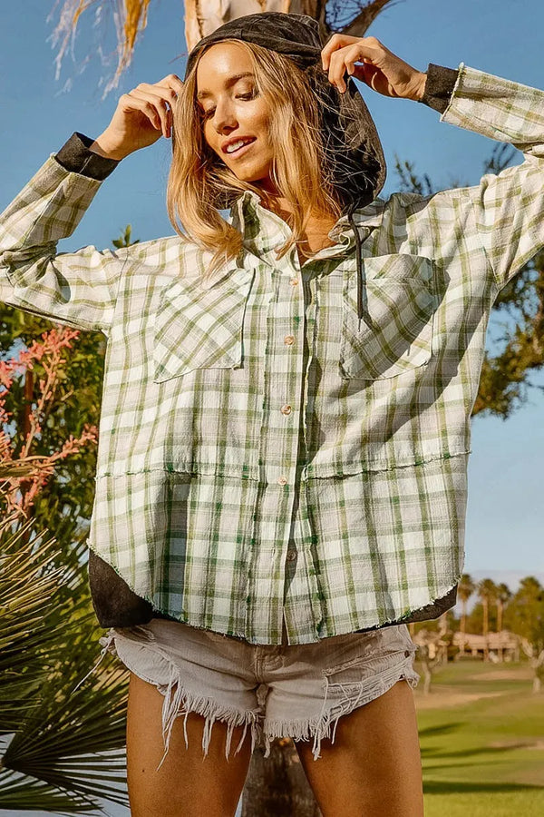 Front view of BiBi Casual Check Shirt with Hood showcasing the checkered pattern and button-down design.
