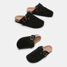 black suede closed toe buckle slide two pair front lay