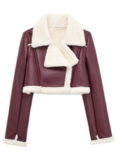 Front zoomed-in detail of faux leather texture and sherpa trim on the burgundy Nuvira Frostloom jacket.