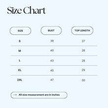 CaliVista Tee Size Chart