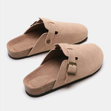 camel suede closed toe buckle slide close up front top lay