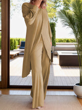 Kurevelle Slit Round Neck Top and Pants Twosome in Camel front view