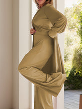 Side view of Kurevelle Slit Round Neck Top and Pants Twosome in camel showing wide leg and slit top