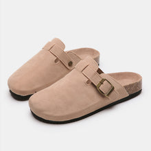 camel suede closed toe buckle slide paired top lay