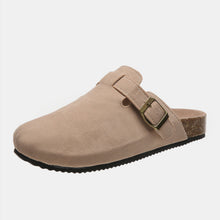camel suede closed toe buckle slide top lay one shoe