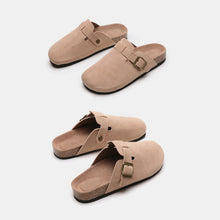 camel suede closed toe buckle slide two pair front lay cross