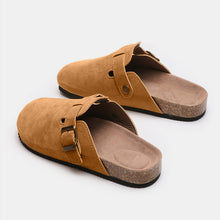 caramel suede closed toe buckle slide close up front top lay