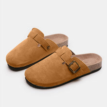 caramel suede closed toe buckle slide paired top lay