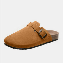 caramel suede closed toe buckle slide top lay one shoe