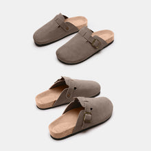 charcoal suede closed toe buckle slide two pair front lay