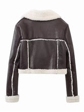 Back view of the plush chocolate sherpa-trimmed cropped jacket, highlighting the mock shearling trim detail. 