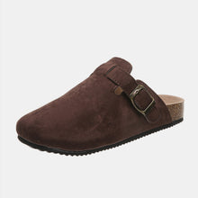 chocolate suede closed toe buckle slide top lay one shoe
