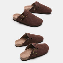 chocolate suede closed toe buckle slide two pair front lay
