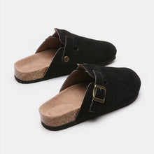 black suede closed toe buckle slide close up front top lay