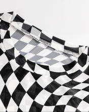 Flat lay of ChicGrid checkered long sleeve blouse in black, displaying mock neckline, check pattern, and sleek flattering cut for versatile styling.