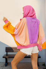 Back view of model in a heliotrope purple Full Size Color Block Zip Up Hoodie, showcasing the bold color contrast on the back and hood with ribbed hem detail.