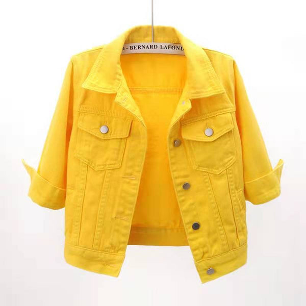 A front photo of the gold Full Size Cropped Denim Plus Size Jacket on a clothes hanger.