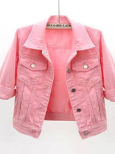 A front photo of the pink Full Size Cropped Denim Plus Size Mid Sleeve Jacket on a clothes hanger.