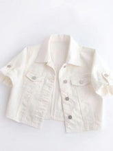 A front photo of the white Full Size Cropped Denim Plus Size Mid Sleeve Jacket.