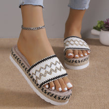 white open toe platform sandals front angle woven zig zag detail