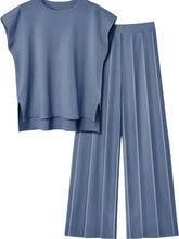 a picture of the dusty blue wide leg knit pants set with a white background