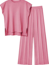 a picture of the dusty pink wide leg knit pants set with a white background