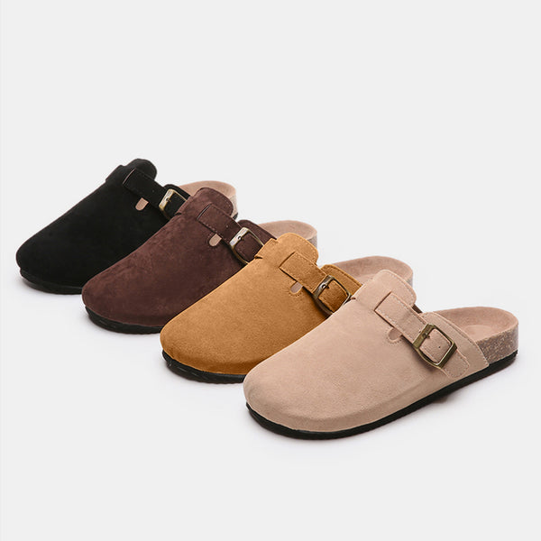 suede closed toe buckle slides black chocolate caramel beige group shot