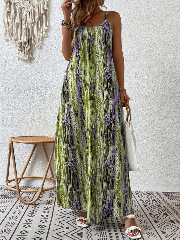 Woman posing in the Lime color Jewel of Northern Lights Maxi Cami Dress paired with jewelry, a white handbag with a wooden round strap, and white heels.