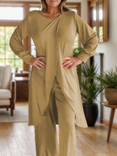 Close up full body pose of Kurevelle Slit Round Neck Top and Pants Twosome in camel