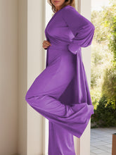 Side view of Kurevelle Slit Round Neck Top and Pants Twosome in purple showing wide leg and slit top