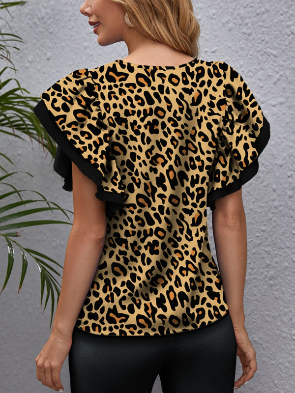 Back view of the olive leopard print blouse highlighting the flowy flounce sleeves and relaxed silhouette.