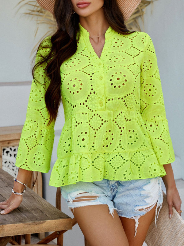 Model wearing Luméa™ Blouse in Neon Yellow, paired with distressed jeans and sandals at a summer brunch.
