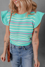 Front view of Lunavelle Striped Eyelet Cap Sleeve Top in turquoise with ruffled eyelet detailing and contrast stripes, displayed on a gray background.