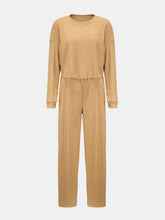 Front flat lay of Mellara khaki cropped top and wide-leg pants