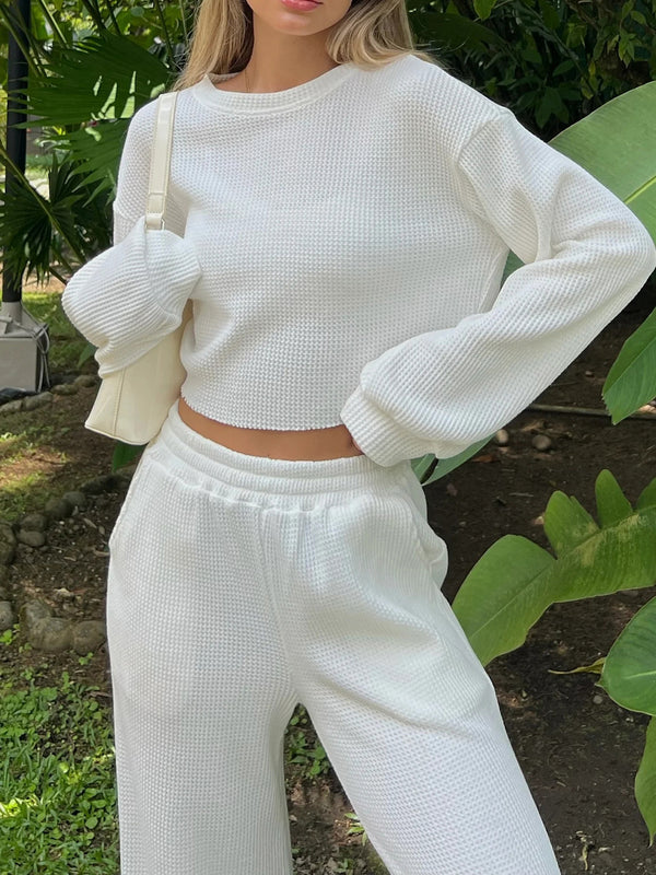 Mellara Waffle Lounge Set in rich white  zoomed in front view highlighting waffle knit texture.