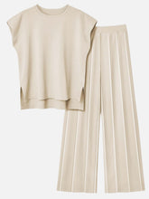 Front flat lay of Mirajella Luxe beige cap sleeve top and pleated pants