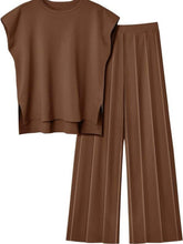 Front flat lay of Mirajella Luxe brown cap sleeve top and pleated pants