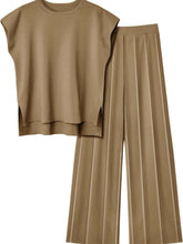 Front flat lay of Mirajella Luxe camel cap sleeve top and pleated pants