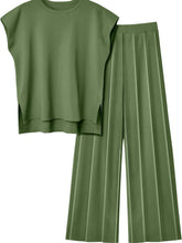 Front flat lay of Mirajella Luxe matcha green cap sleeve top and pleated pants