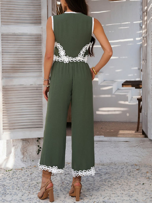 Back view of model wearing Moss Xyvello vest and pants set