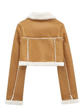 Back view of the plush mustard sherpa-trimmed cropped jacket.