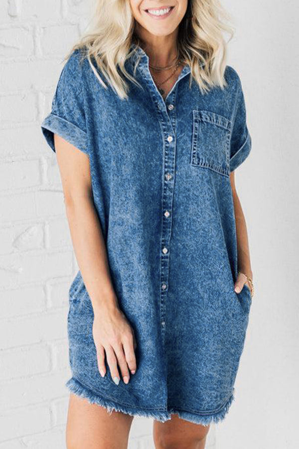 Model front view wearing the Oressina™ medium blue pocket and Raw Denim Dress.