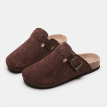 chocolate suede closed toe buckle slide paired top lay