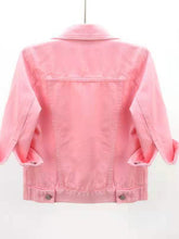 A back photo of the pink Full Size Cropped Denim Plus Size Mid Sleeve Jacket on a clothes hanger.